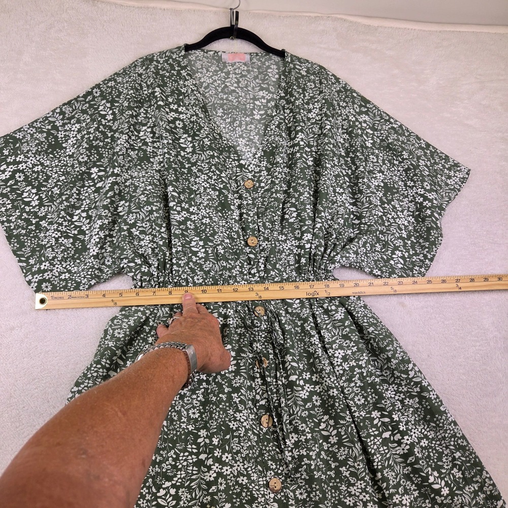 C+D+M Collection Green Floral Button Front Midi Dress Small Kimono Sleeve Boho - Picture 4 of 8